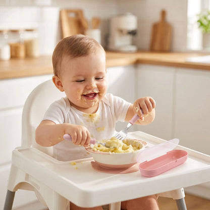 Couverts bébé rose, bébé mange avec joie
