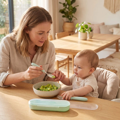 Couverts bébé vert, maman montre avec délicatesse à bébe comment utiliser ses couverts.