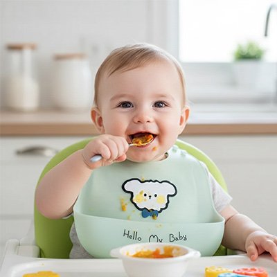 Bavoir silicone chien, bébé mange  sans salir la table