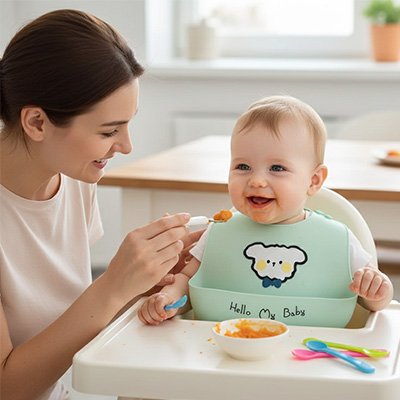 Bavoir silicone chien, maman nourrit bébé