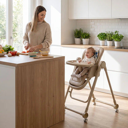 chaise haute , maman fait le repas tranquillement avec bébé sur sa chaise haute