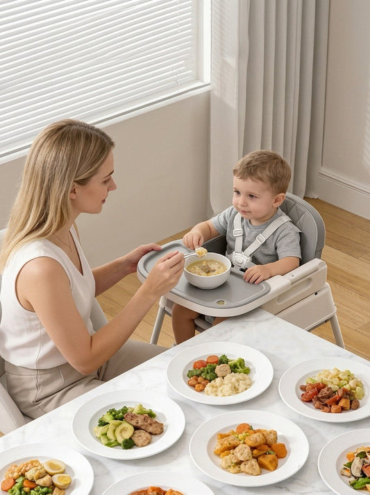chaise haute pliable pour bébé maman mange tranquillement pendant qu`elle donne la nourriture à bébé