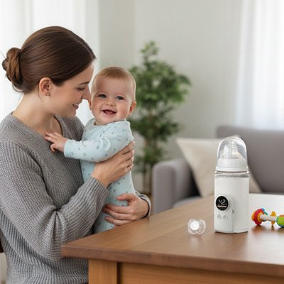 Chauffe biberon blanc. bébé content