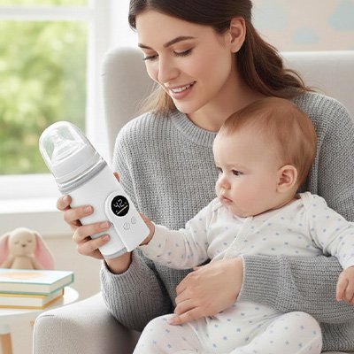 Chauffe biberon blanc, maman contente