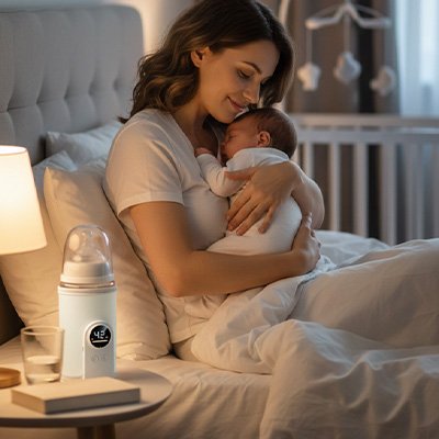 Chauffe biberon blanc, maman serre son bébé endormi  contre elle sur le lit