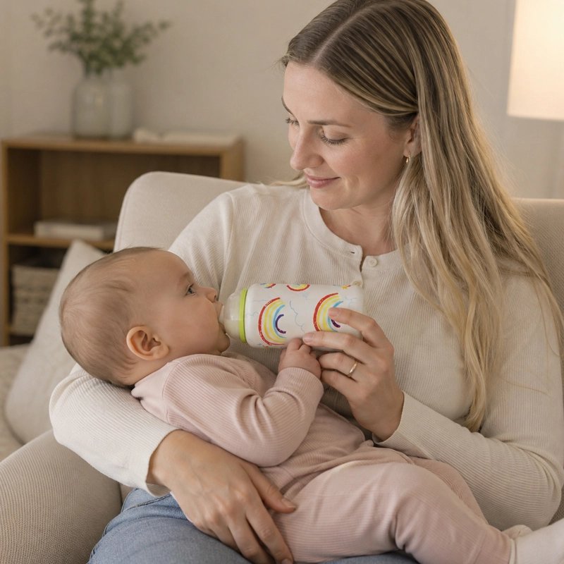 Chauffe biberon nomade arc-en-ciel, maman nourrit bébé