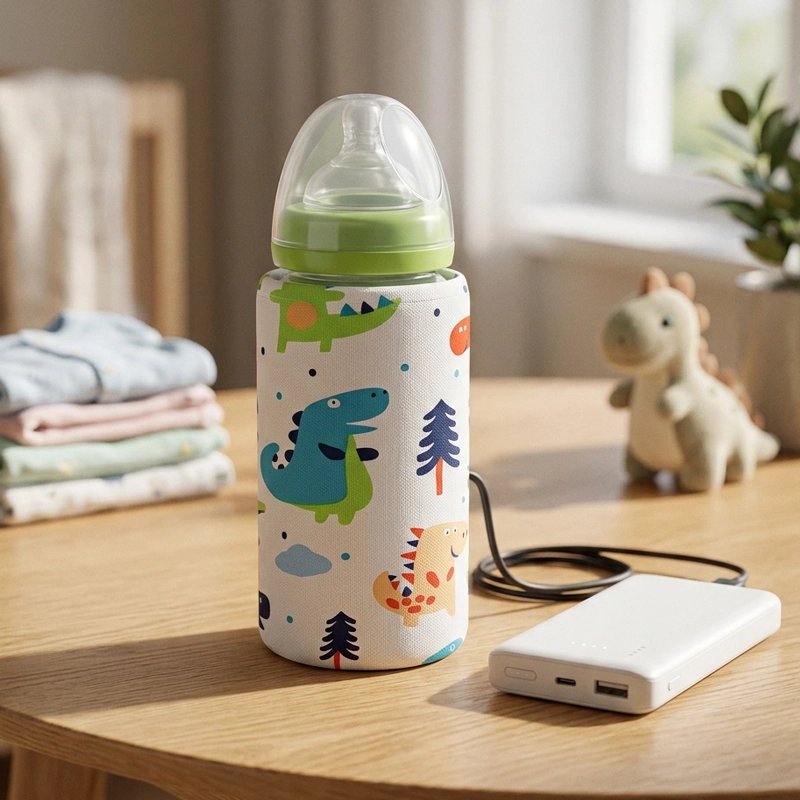 Chauffe biberon nomade dinosaure, branché sur une batterie externe