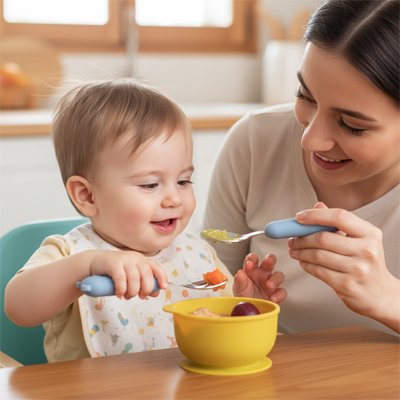 Couvert bébé​ bleu, maman donne bébé a manger