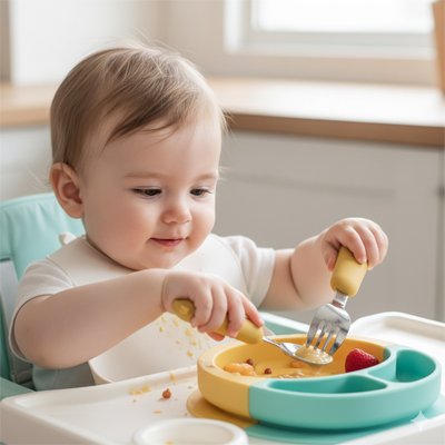 Couvert bébé​ jaune, bébé mange