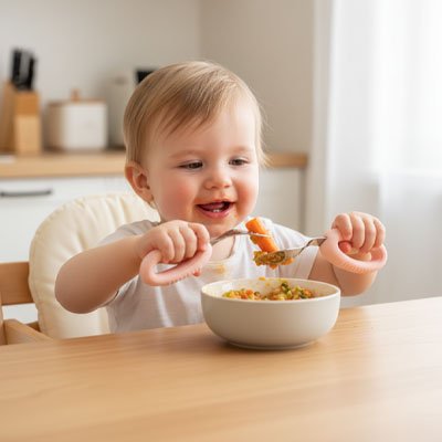 Couvert bébé​ rose, bébé mange