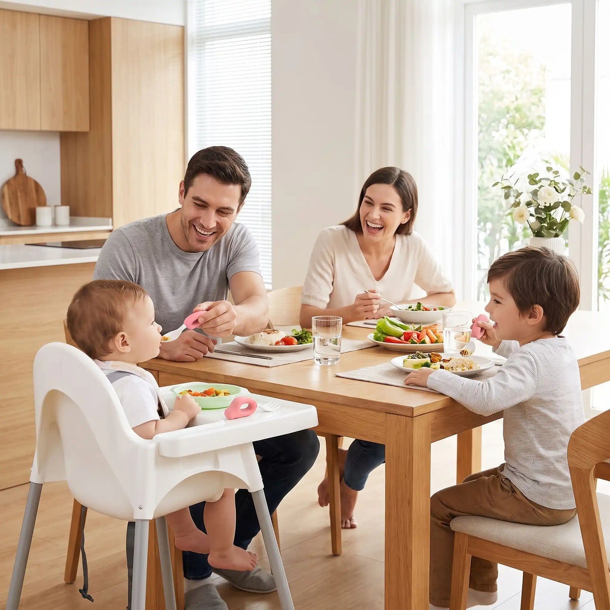 couvert bebe rose, famille heureuse et bebe confortable 