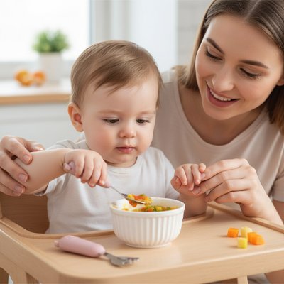 Couvert bébé​ rose, maman souriante aide bébé a manger