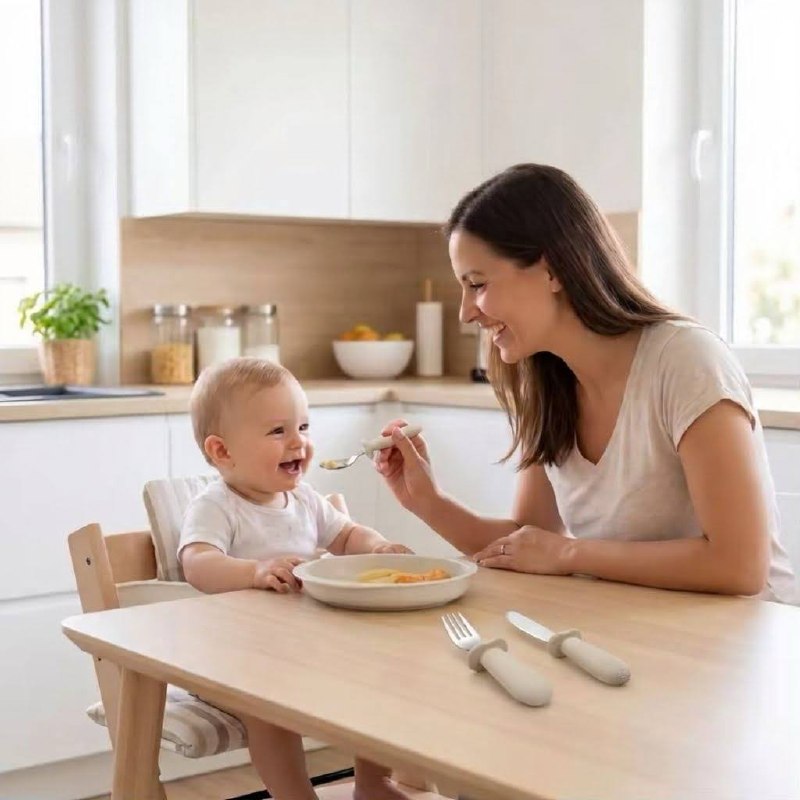 couverts en silicone et acier pour bebe beige, maman nourrit bebe