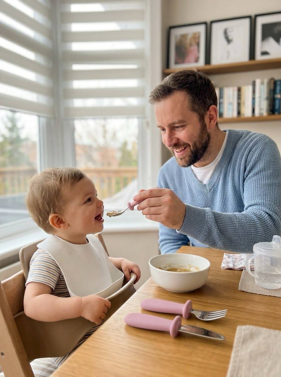 couverts en silicone et acier pour bebe rose , papa s'occupe du repas de bebe 