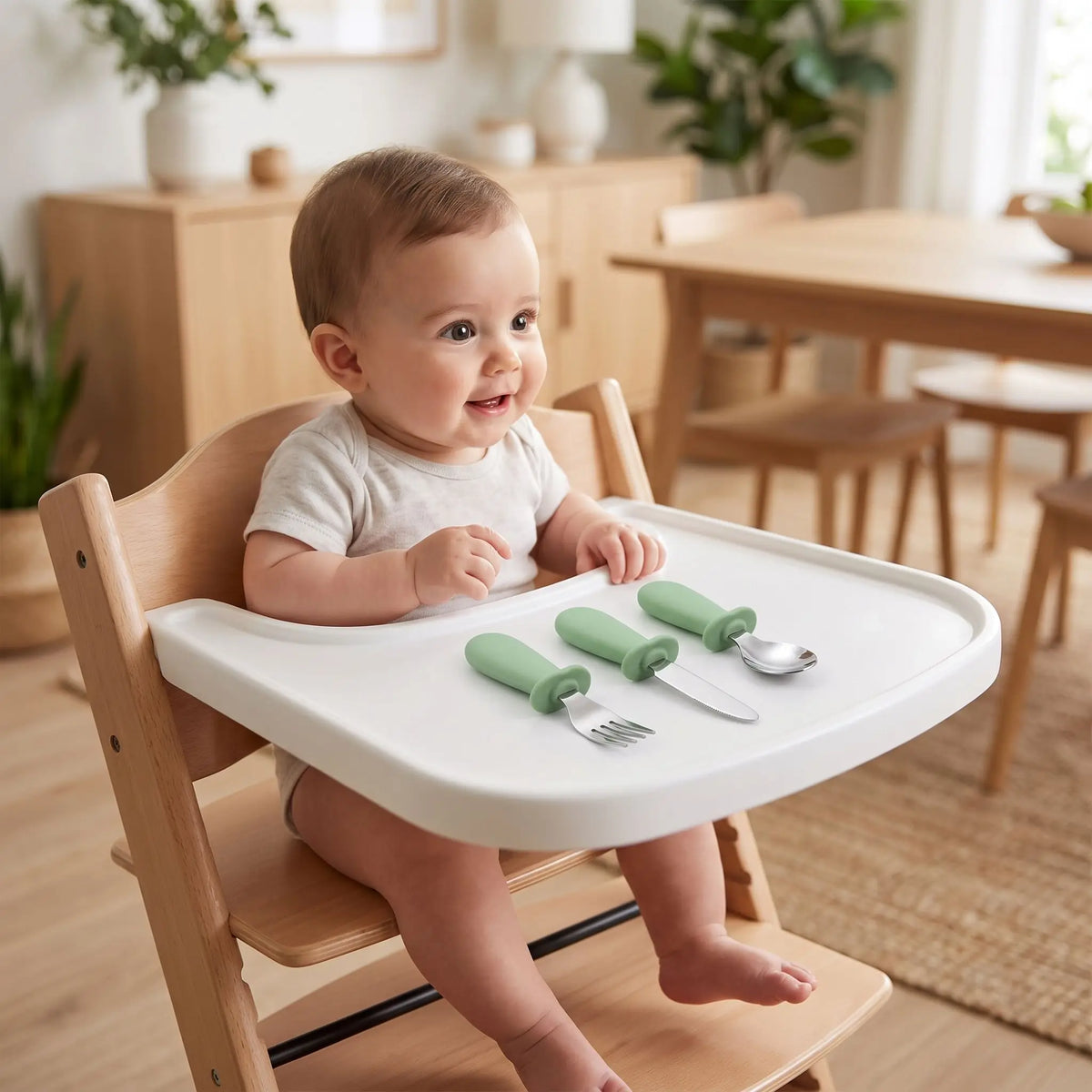 couverts en silicone et acier pour bebe vert, bebe content de son couvert