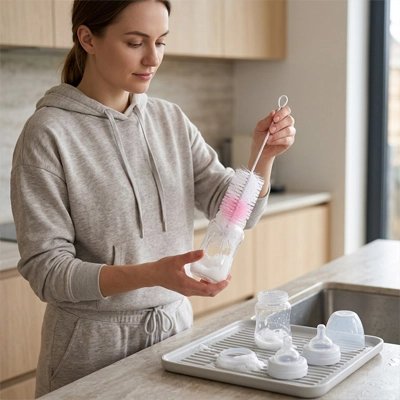 Goupillon pour biberon rose, maman nettoie