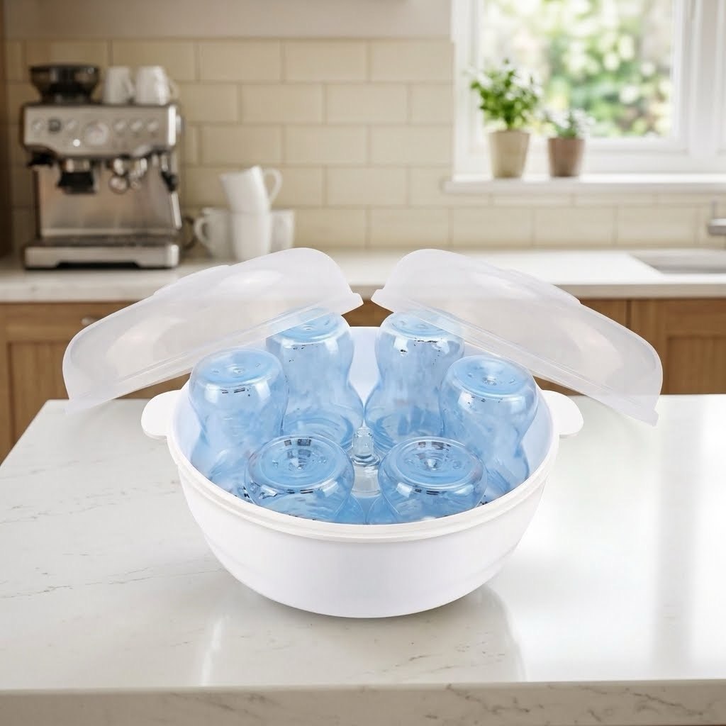 sterilisateur a vapeur pour biberon rempli de biberons sur la table de cuisine